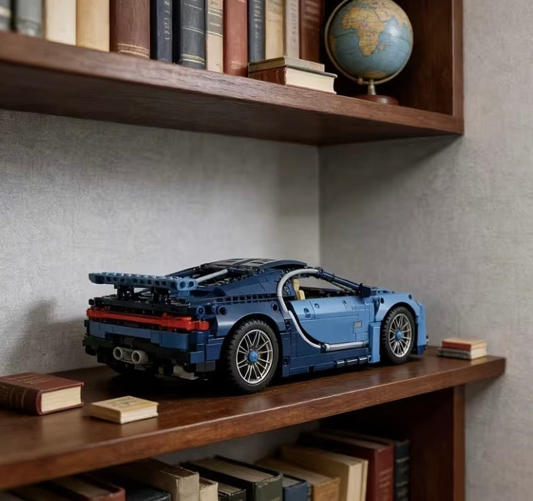 Blue supercar building block model rear view
