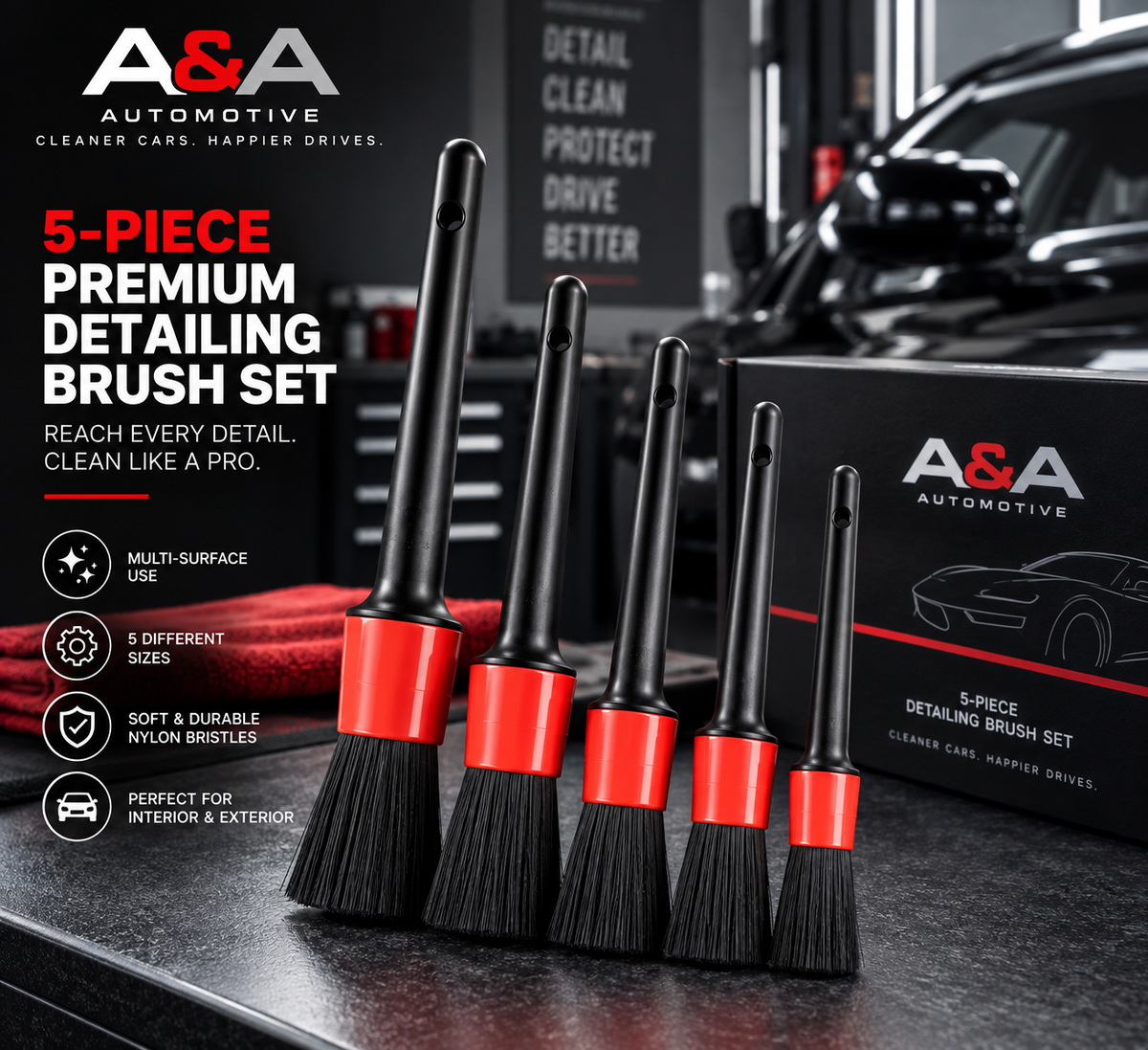 A&A Automotive 5-piece detailing brush set premium product photo