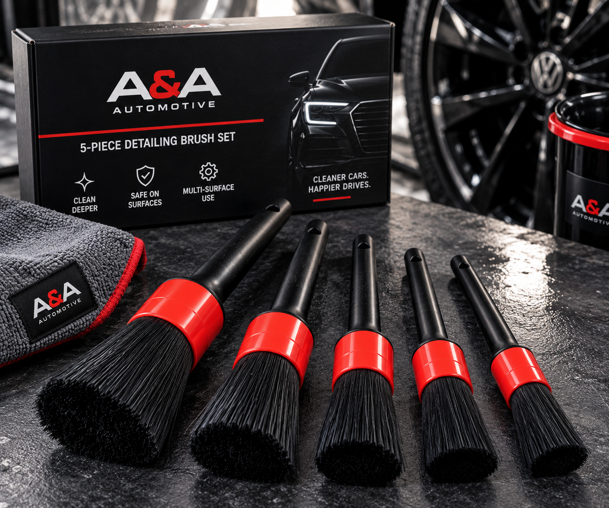 A&A Automotive detailing brush set close-up with packaging