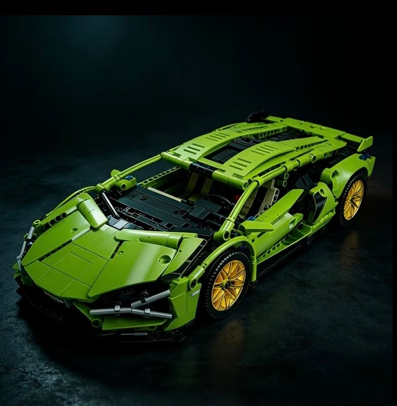 Green supercar building block model rear view