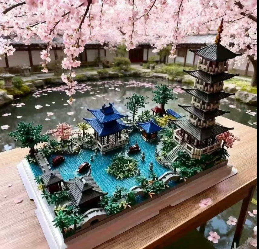 Japanese garden pagoda building block set cherry blossom display