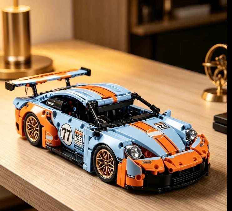 Orange and blue racing car building block model