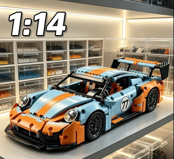 Orange and blue racing car building block model front view