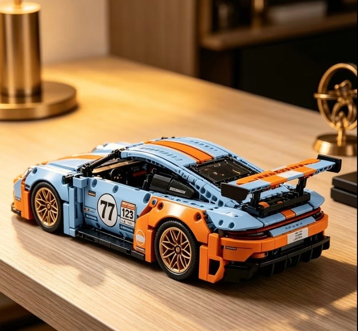 Orange and blue racing car building block model rear view