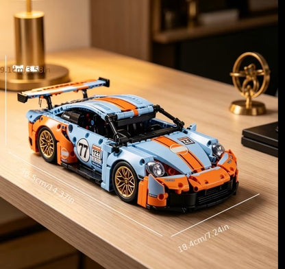 Orange and blue racing car building block model dimensions