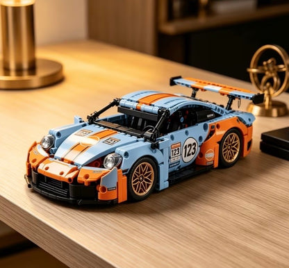 Orange and blue racing car building block model display